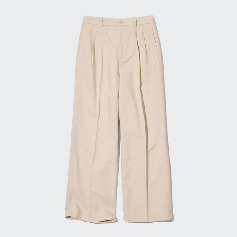 Uniqlo Linen Blend Tucked Wide Ženske Hlače Bež | 1860-RHKQJ