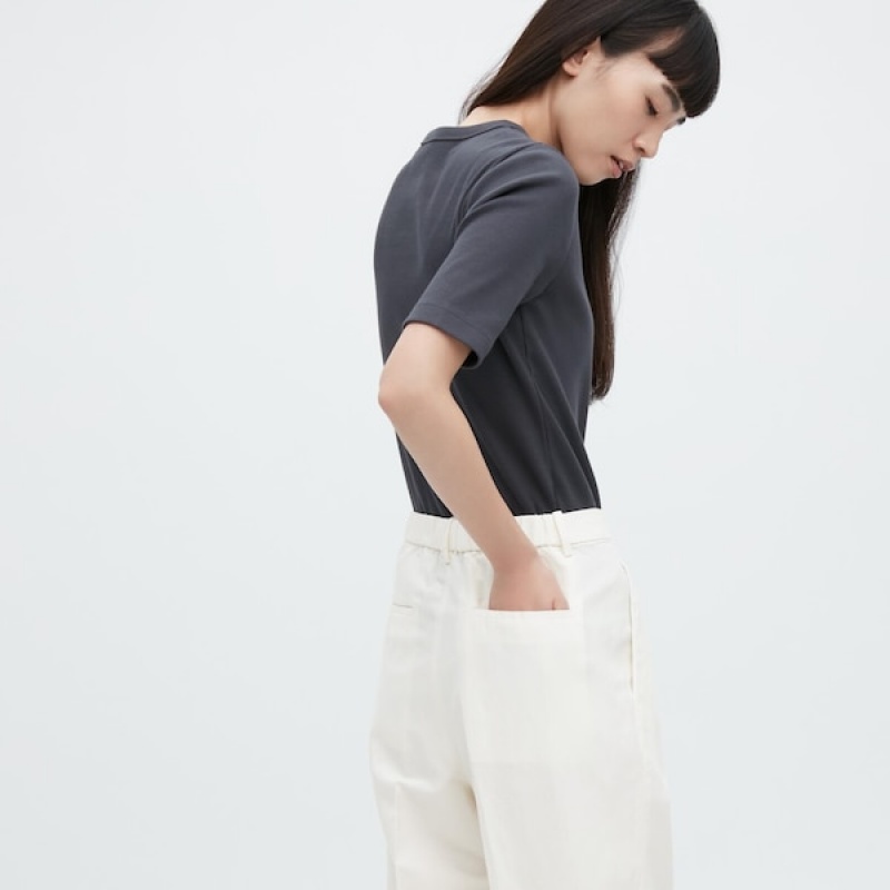 Uniqlo Linen Blend Tucked Wide Ženske Hlače Bijele | 8935-ICKZE