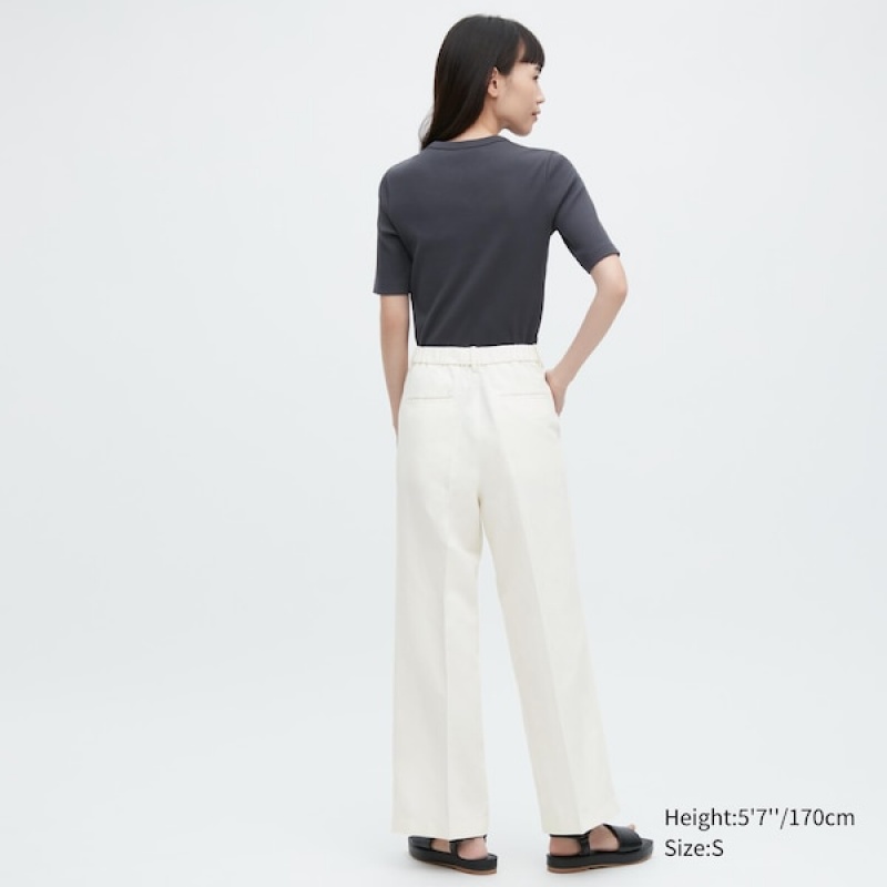 Uniqlo Linen Blend Tucked Wide Ženske Hlače Bijele | 8935-ICKZE
