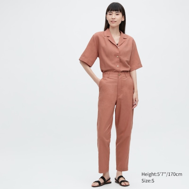 Uniqlo Linen Cotton Tapered Ženske Hlače Smeđe | 1627-YXWPF