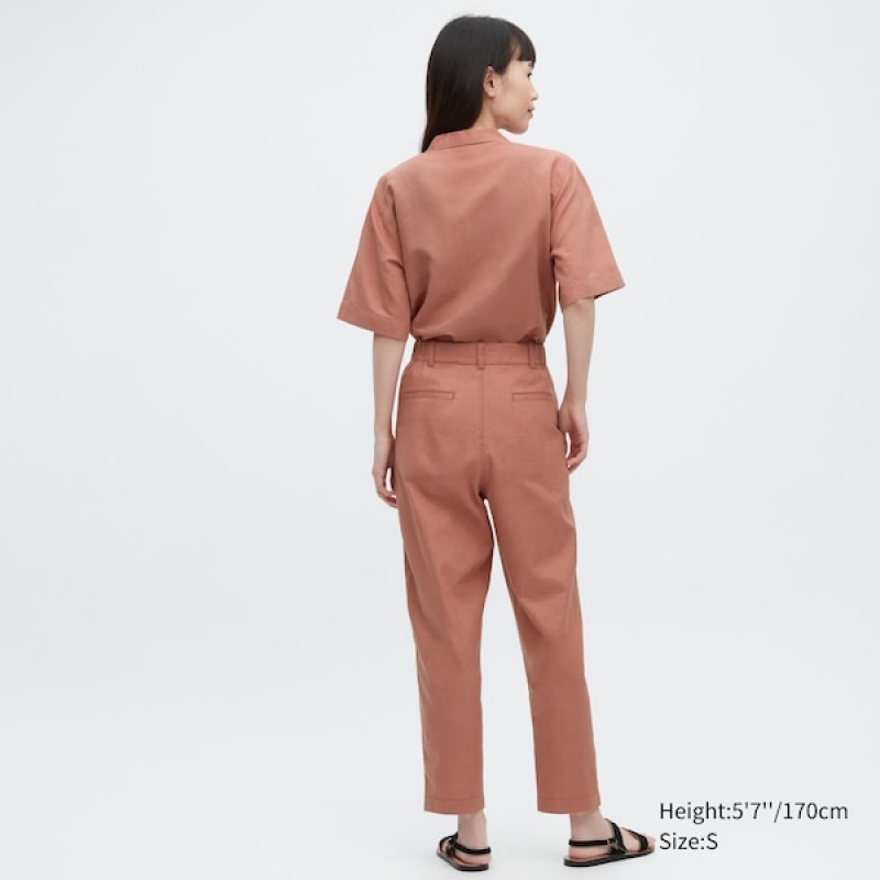 Uniqlo Linen Cotton Tapered Ženske Hlače Smeđe | 1627-YXWPF