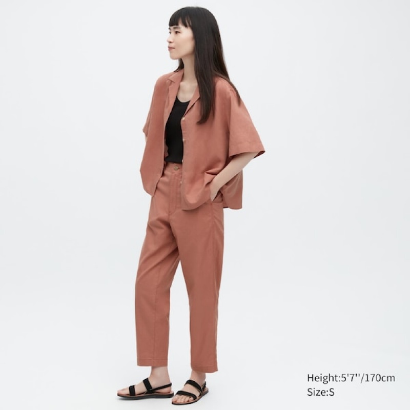 Uniqlo Linen Cotton Tapered Ženske Hlače Smeđe | 1627-YXWPF