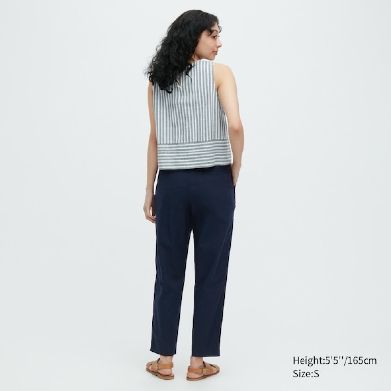 Uniqlo Linen Cotton Tapered Ženske Hlače Tamnoplave | 9352-QAPXB