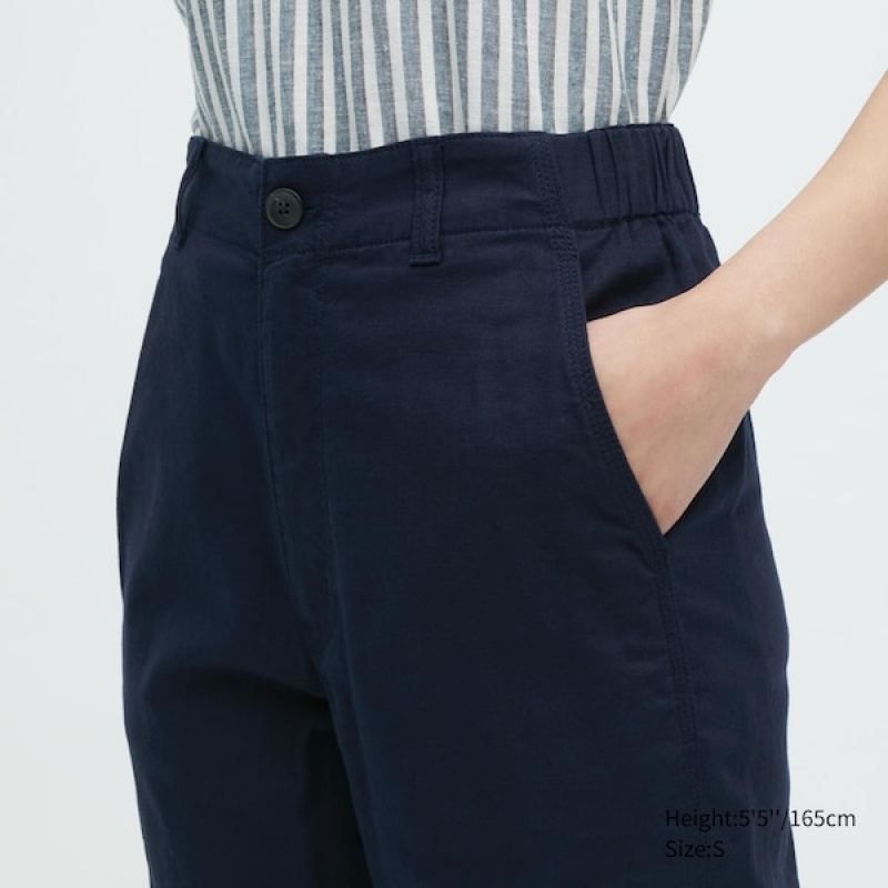 Uniqlo Linen Cotton Tapered Ženske Hlače Tamnoplave | 9352-QAPXB