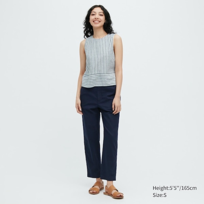 Uniqlo Linen Cotton Tapered Ženske Hlače Tamnoplave | 9352-QAPXB