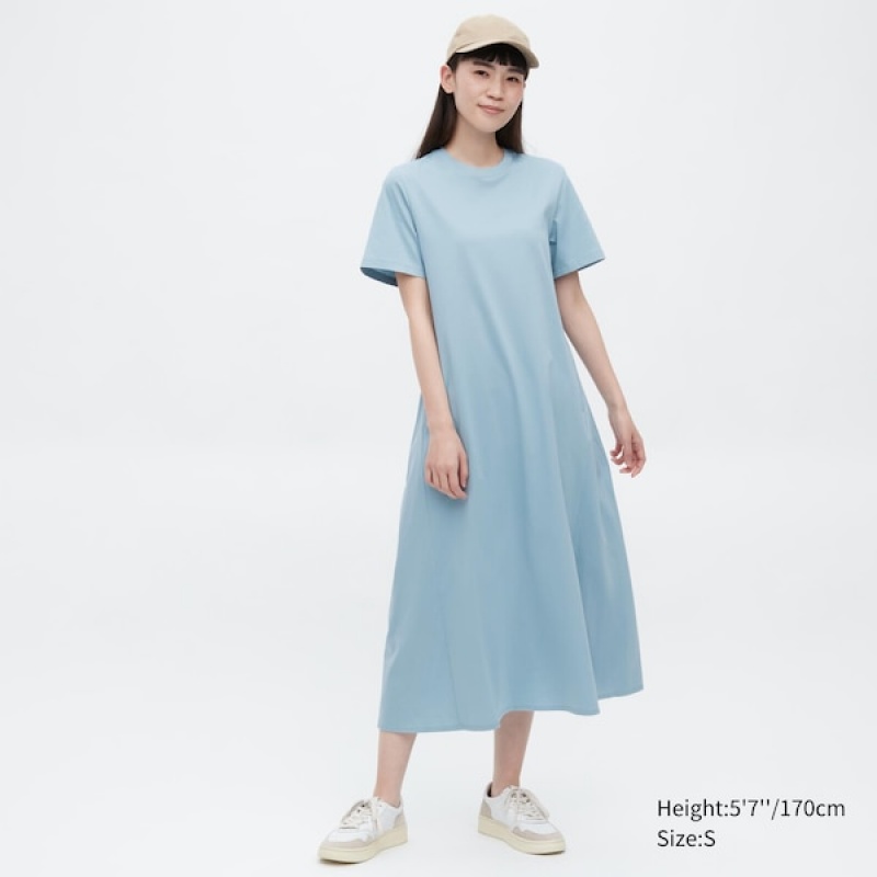 Uniqlo Mercerized Cotton Short-Sleeve A-Line Ženske Haljina Plave | 5176-FDLIJ