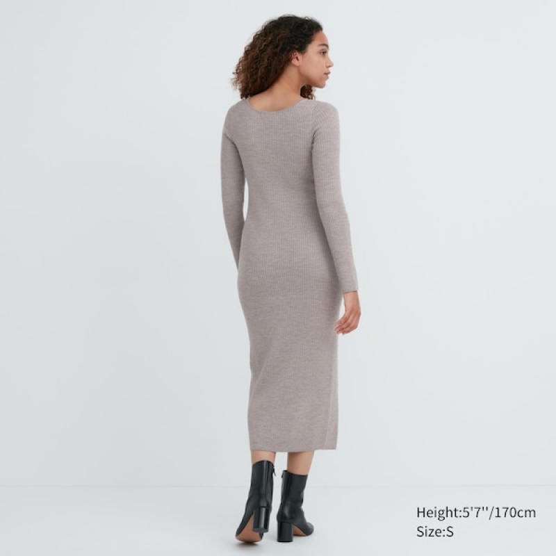 Uniqlo Merino Blend Fitted U Neck Long Sleeve Ženske Haljina Sive | 3184-ZANFG