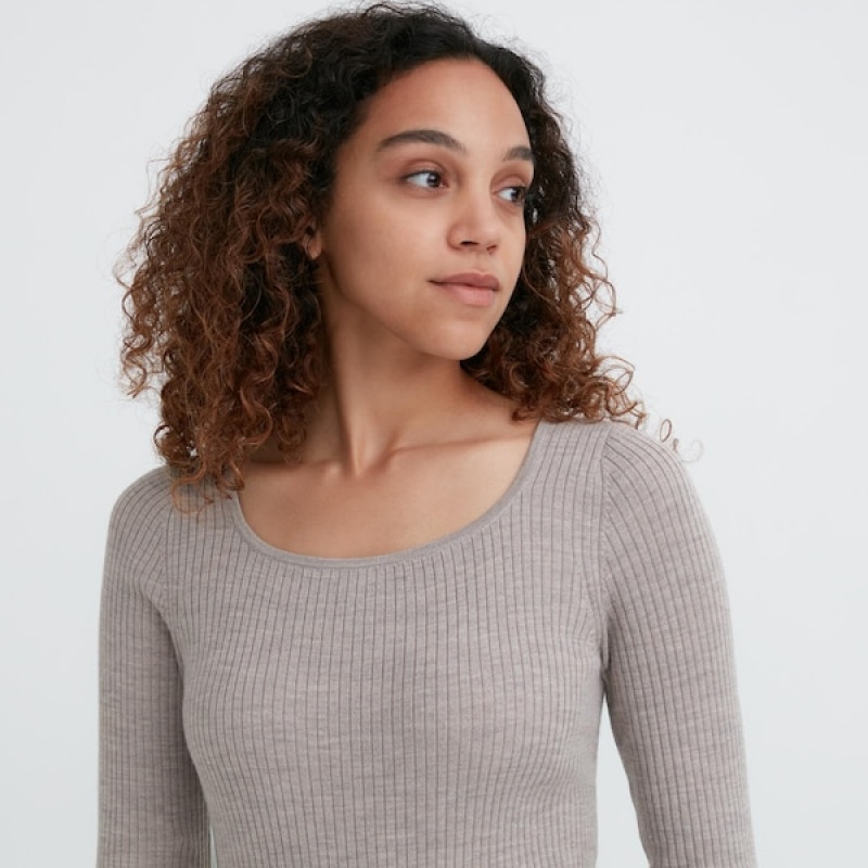 Uniqlo Merino Blend Fitted U Neck Long Sleeve Ženske Haljina Sive | 3184-ZANFG