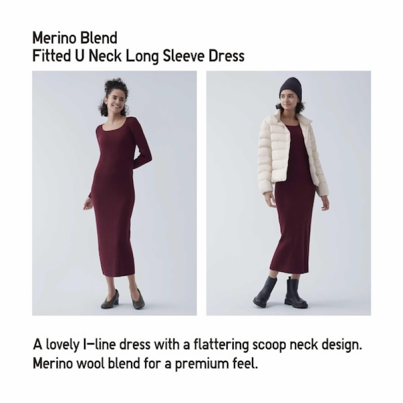 Uniqlo Merino Blend Fitted U Neck Long Sleeve Ženske Haljina Sive | 3184-ZANFG