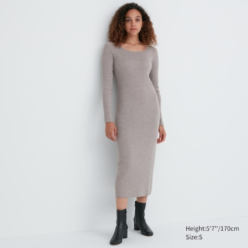 Uniqlo Merino Blend Fitted U Neck Long Sleeve Ženske Haljina Sive | 3184-ZANFG