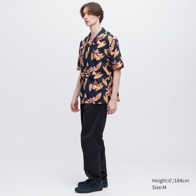 Uniqlo Open Collar Short-Sleeve Muške Košulje Tamnoplave | 7142-CWLIF