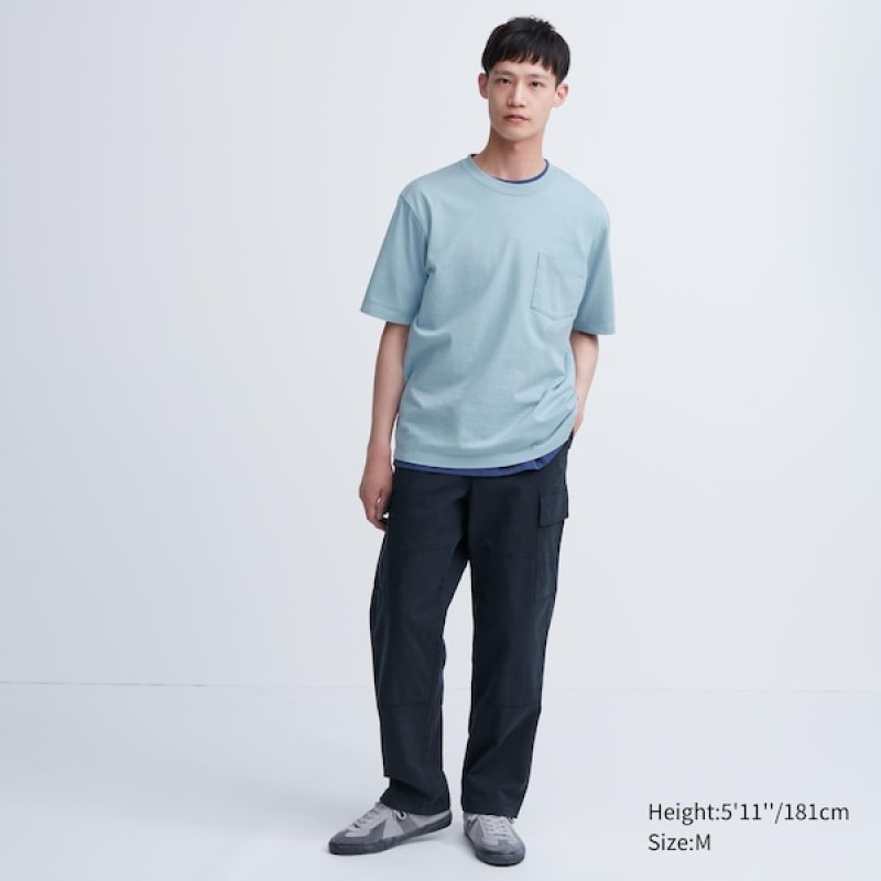 Uniqlo Oversized Pocket Crew Neck Half-Sleeve Muške Majice Plave | 5814-GJFDM