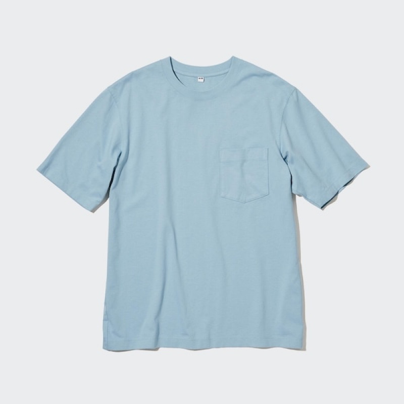 Uniqlo Oversized Pocket Crew Neck Half-Sleeve Muške Majice Plave | 5814-GJFDM