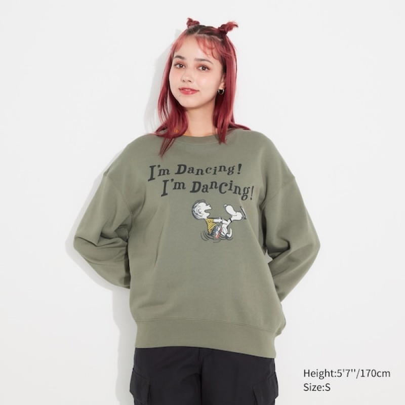 Uniqlo PEANUTS Dance Time with Snoopy Long-Sleeve Ženske Dukserice Maslinasto Zelene | 9527-IZEVL