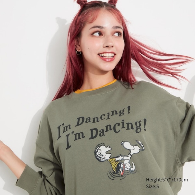 Uniqlo PEANUTS Dance Time with Snoopy Long-Sleeve Ženske Dukserice Maslinasto Zelene | 9527-IZEVL