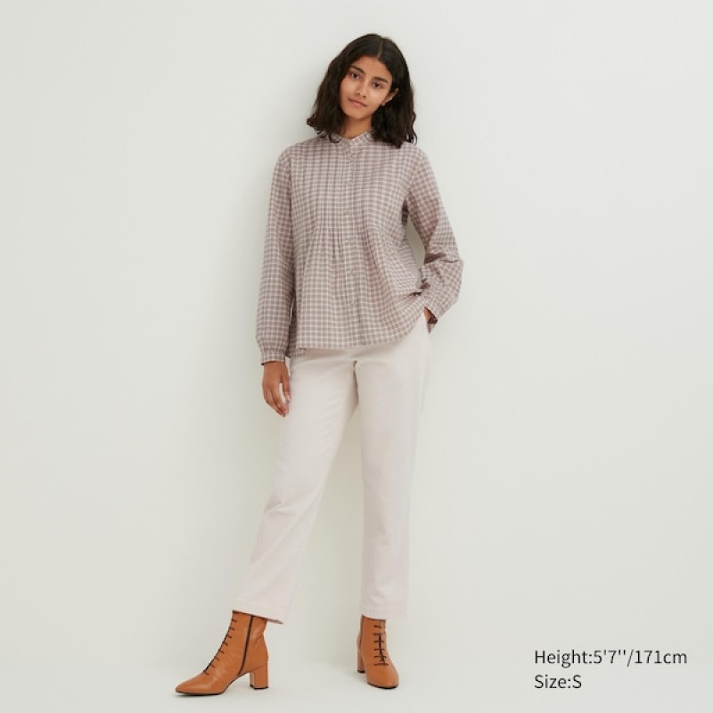 Uniqlo Pintuck Plaid Long-Sleeve Ženske Košulje Bež | 1275-WDPFE