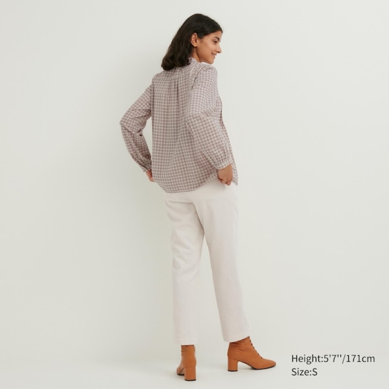 Uniqlo Pintuck Plaid Long-Sleeve Ženske Košulje Bež | 1275-WDPFE