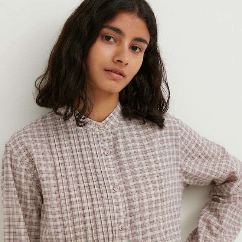 Uniqlo Pintuck Plaid Long-Sleeve Ženske Košulje Bež | 1275-WDPFE
