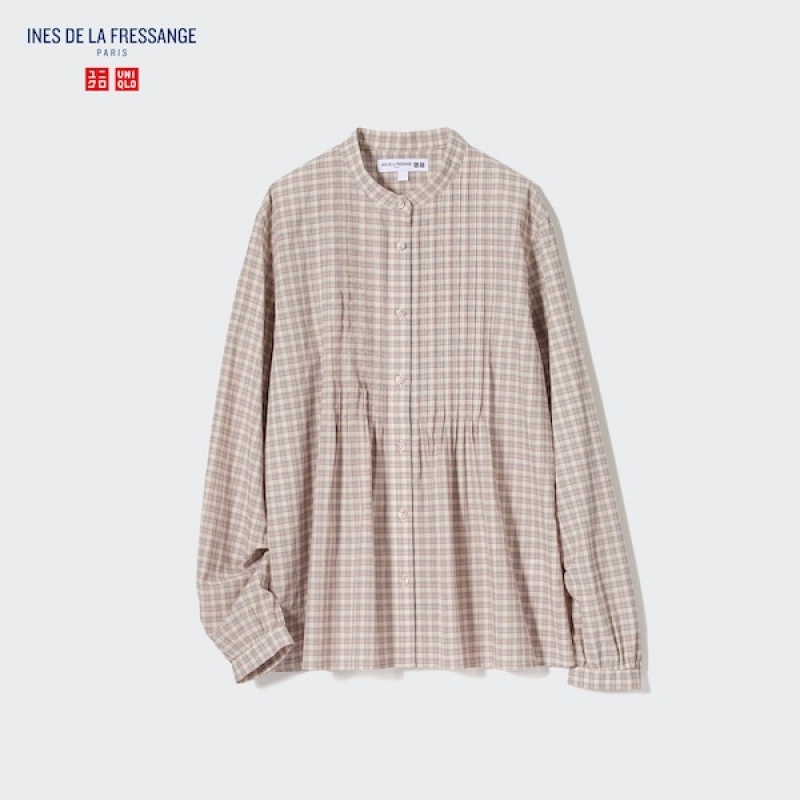 Uniqlo Pintuck Plaid Long-Sleeve Ženske Košulje Bež | 1275-WDPFE