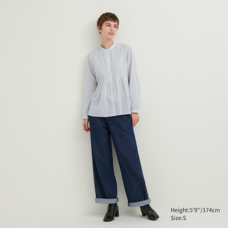 Uniqlo Pintuck Prugasta Long-Sleeve Ženske Košulje Plave | 7123-DRLMZ