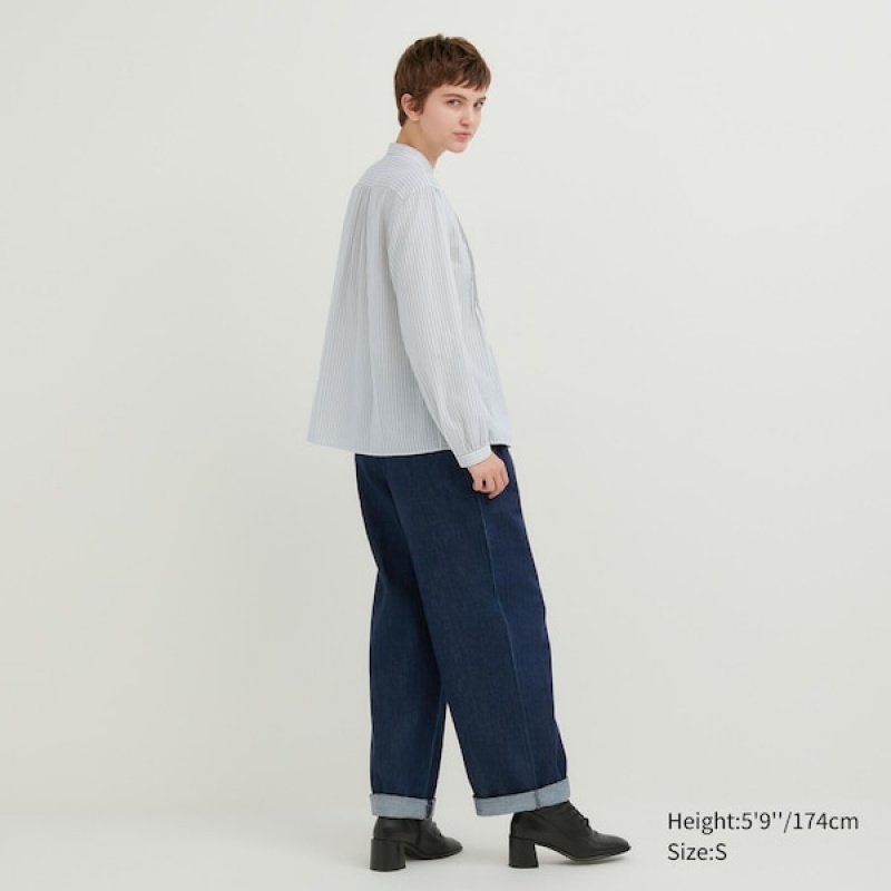 Uniqlo Pintuck Prugasta Long-Sleeve Ženske Košulje Plave | 7123-DRLMZ