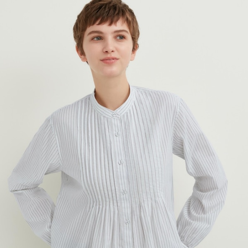 Uniqlo Pintuck Prugasta Long-Sleeve Ženske Košulje Plave | 7123-DRLMZ