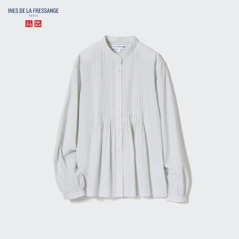 Uniqlo Pintuck Prugasta Long-Sleeve Ženske Košulje Plave | 7123-DRLMZ