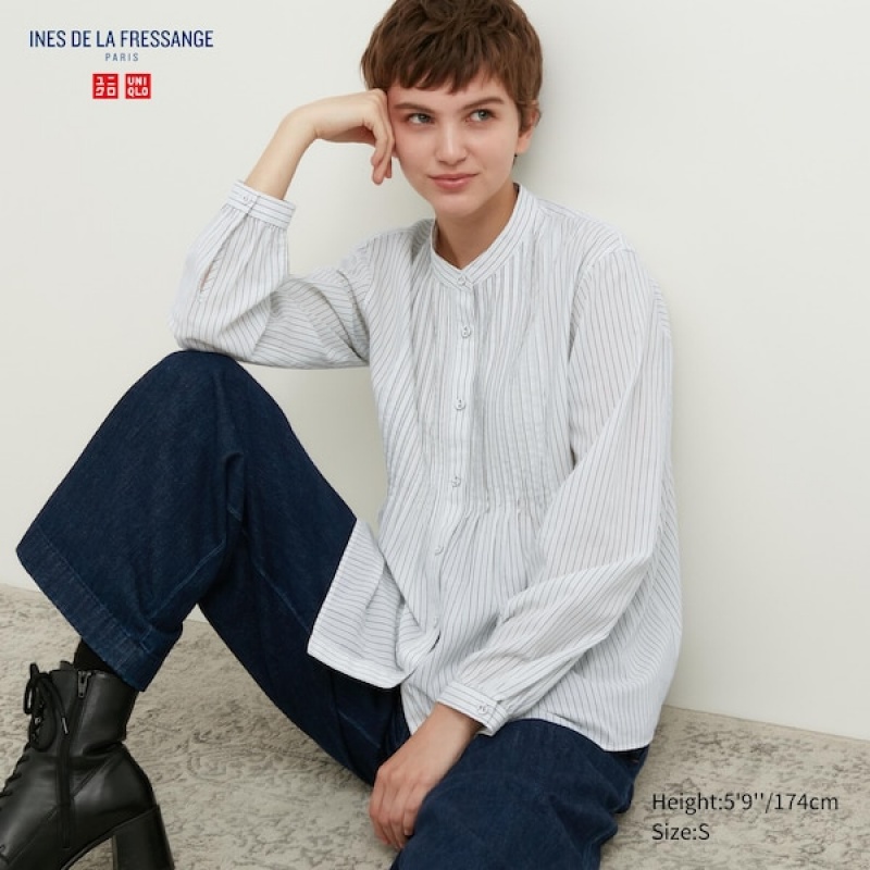 Uniqlo Pintuck Prugasta Long-Sleeve Ženske Košulje Plave | 7123-DRLMZ