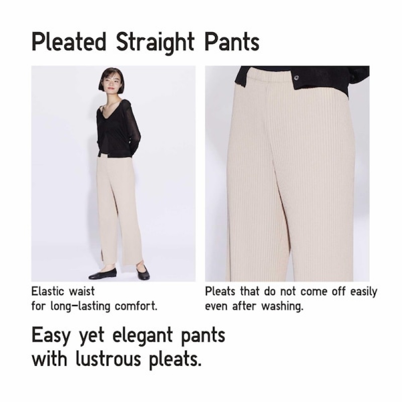 Uniqlo Plisirana Ravno Ženske Hlače Bež | 8531-DCKJT