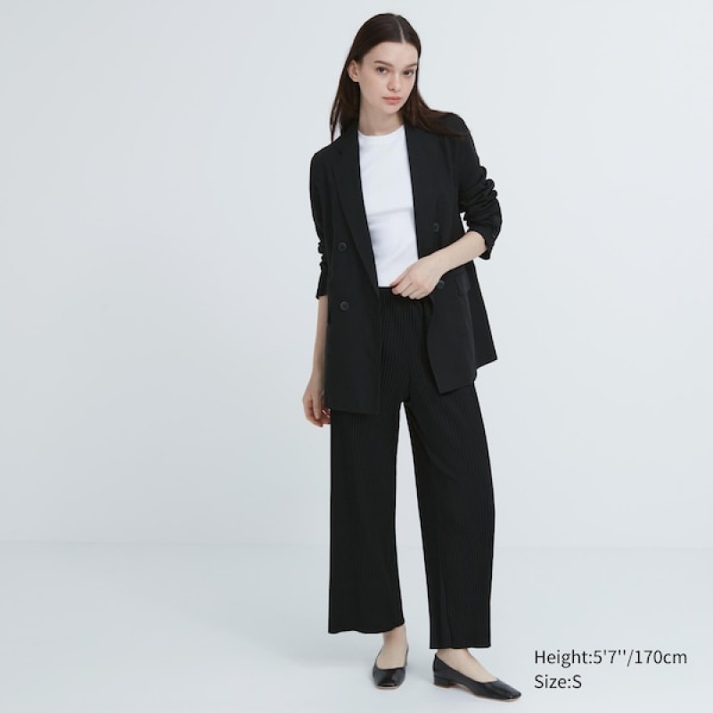 Uniqlo Plisirana Ravno Ženske Hlače Crne | 5763-KLSRD