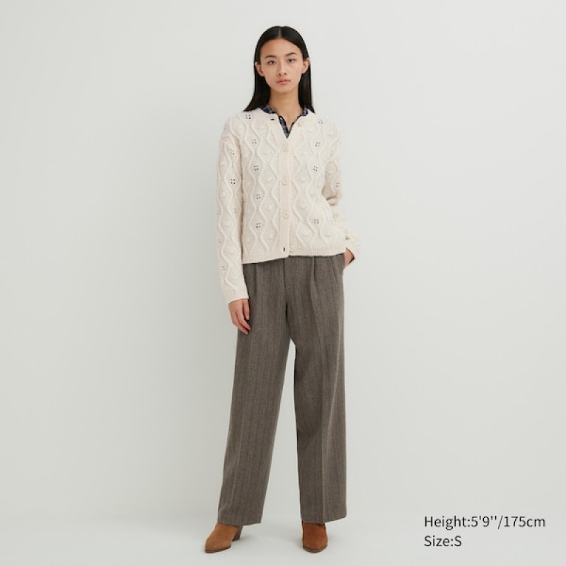 Uniqlo Pointelle Crew Neck Long-Sleeve Ženske Kardigan Bijele | 3426-FSJNQ