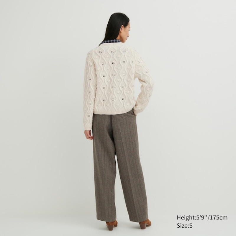 Uniqlo Pointelle Crew Neck Long-Sleeve Ženske Kardigan Bijele | 3426-FSJNQ