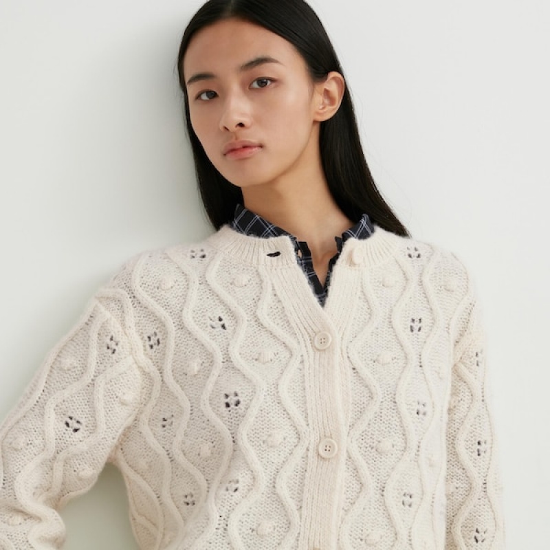Uniqlo Pointelle Crew Neck Long-Sleeve Ženske Kardigan Bijele | 3426-FSJNQ