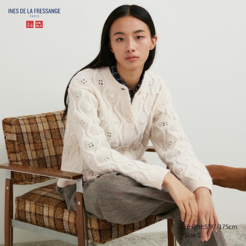 Uniqlo Pointelle Crew Neck Long-Sleeve Ženske Kardigan Bijele | 3426-FSJNQ