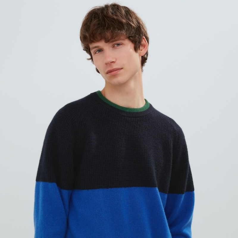 Uniqlo Premium Lambswool Crew Neck Long-Sleeve Muške Džemperi Crne Plave | 0867-HBVKU