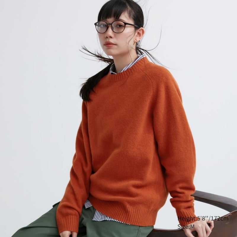 Uniqlo Premium Lambswool Crew Neck Long Sleeve Ženske Džemperi Narančaste | 8457-VJCXD