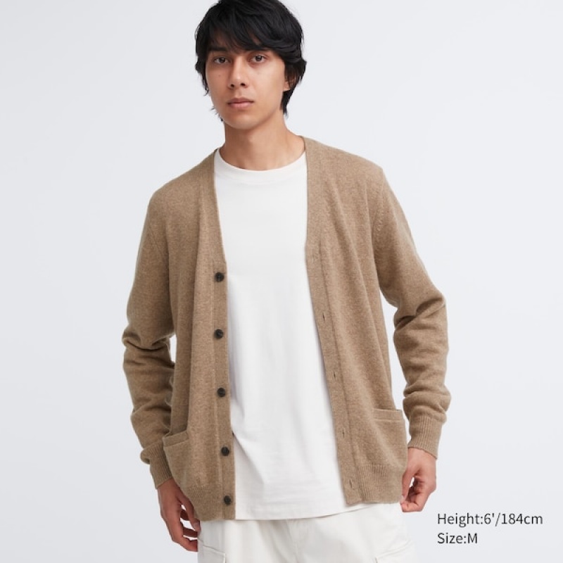 Uniqlo Premium Lambswool V-Neck Long-Sleeve Muške Kardigan Bež | 6374-VRFMO