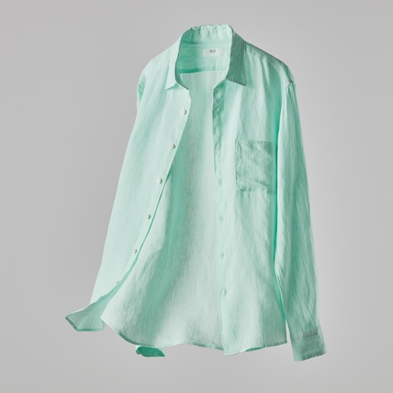 Uniqlo Premium Linen Long-Sleeve Muške Košulje Zelene | 9023-NUFZY
