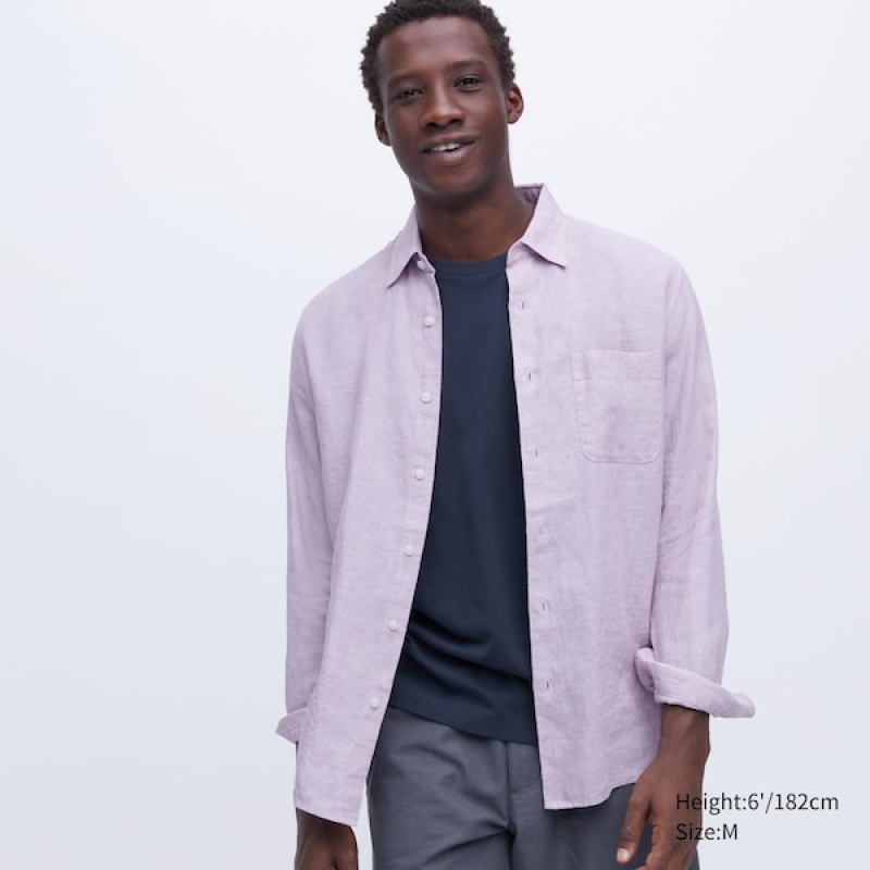 Uniqlo Premium Linen Long-Sleeve Muške Košulje Ljubičaste | 4396-DLVGQ