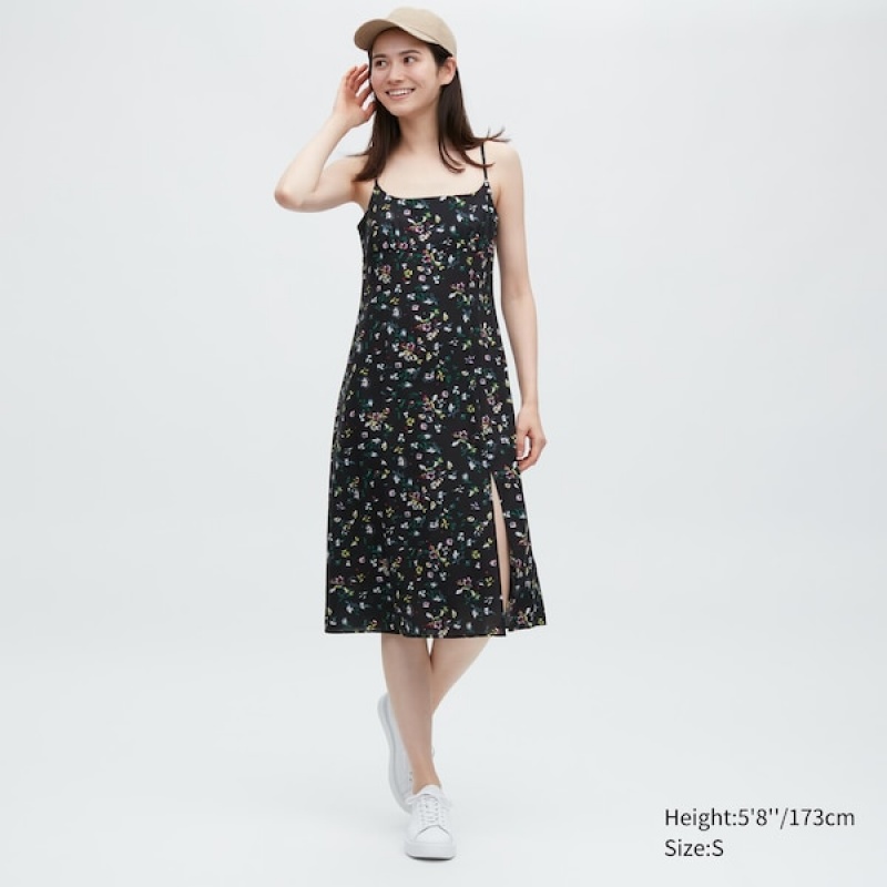 Uniqlo Printed Front Slit Camisole Ženske Haljina Crne | 3059-ZGVJM