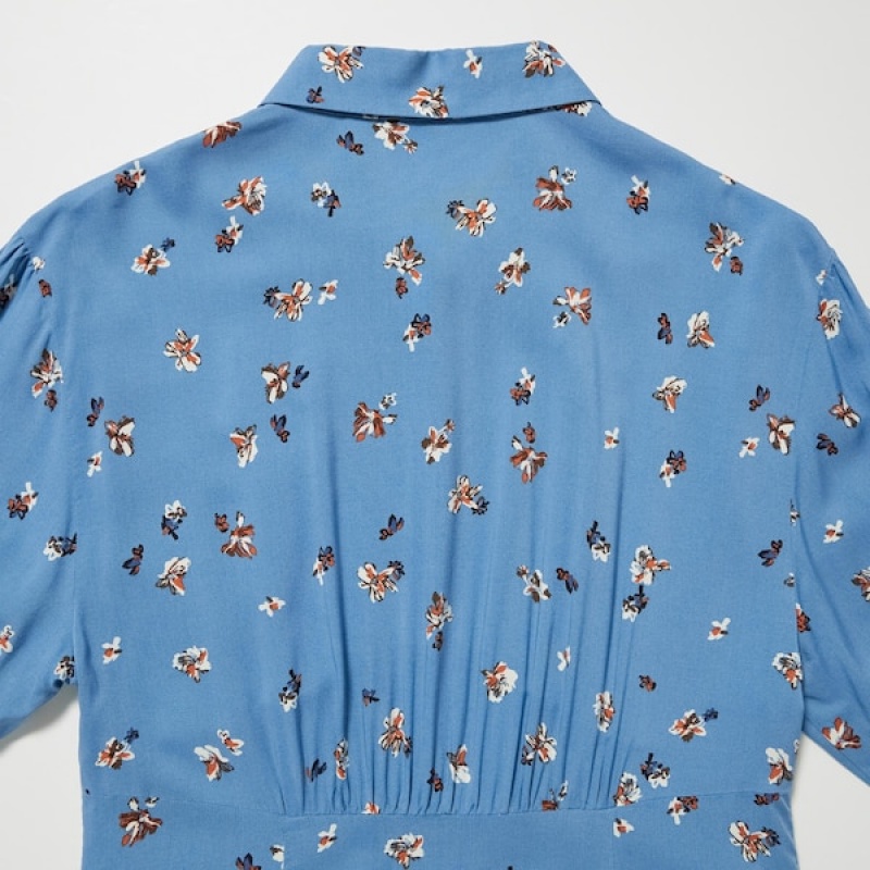 Uniqlo Printed V-Neck Long-Sleeve Mini Ženske Haljina Plave | 6709-ELVDH