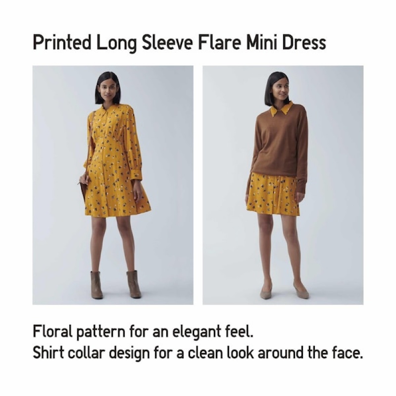 Uniqlo Printed V-Neck Long-Sleeve Mini Ženske Haljina Plave | 6709-ELVDH