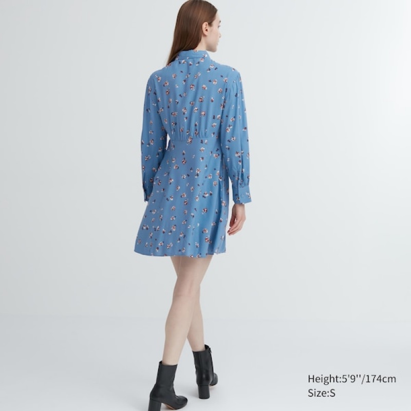 Uniqlo Printed V-Neck Long-Sleeve Mini Ženske Haljina Plave | 6709-ELVDH