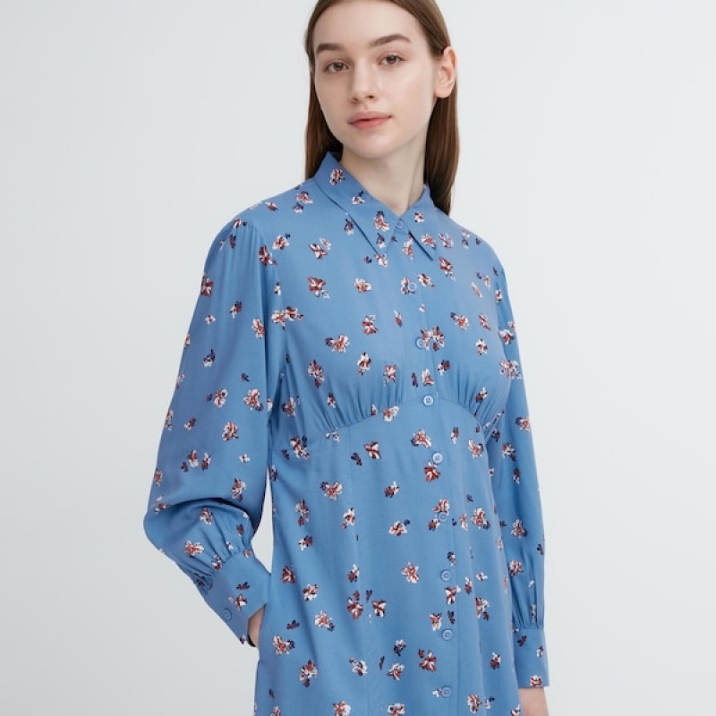 Uniqlo Printed V-Neck Long-Sleeve Mini Ženske Haljina Plave | 6709-ELVDH
