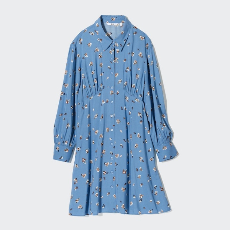 Uniqlo Printed V-Neck Long-Sleeve Mini Ženske Haljina Plave | 6709-ELVDH