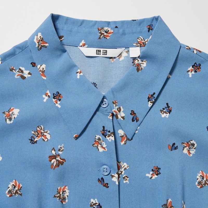 Uniqlo Printed V-Neck Long-Sleeve Mini Ženske Haljina Plave | 6709-ELVDH