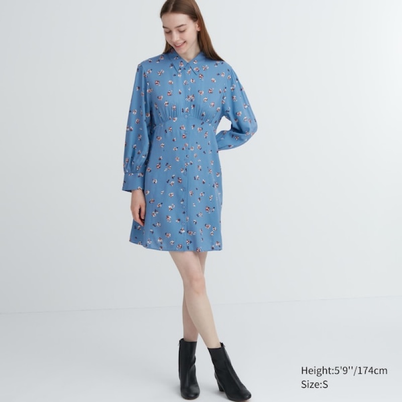Uniqlo Printed V-Neck Long-Sleeve Mini Ženske Haljina Plave | 6709-ELVDH