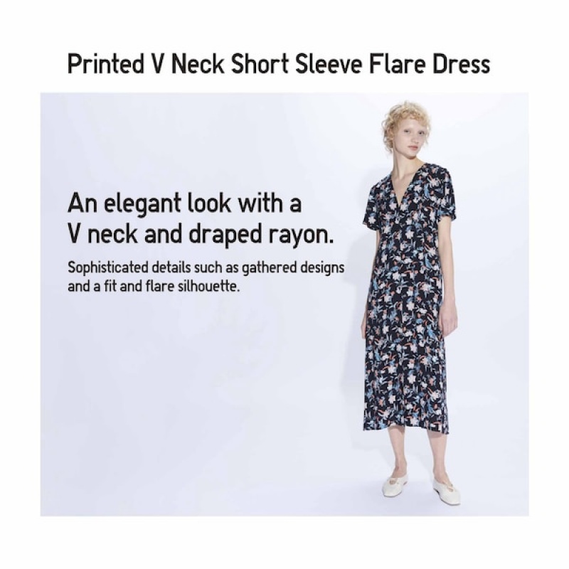 Uniqlo Printed V-Neck Short-Sleeve Flare Ženske Haljina Zelene | 5349-CIFQV