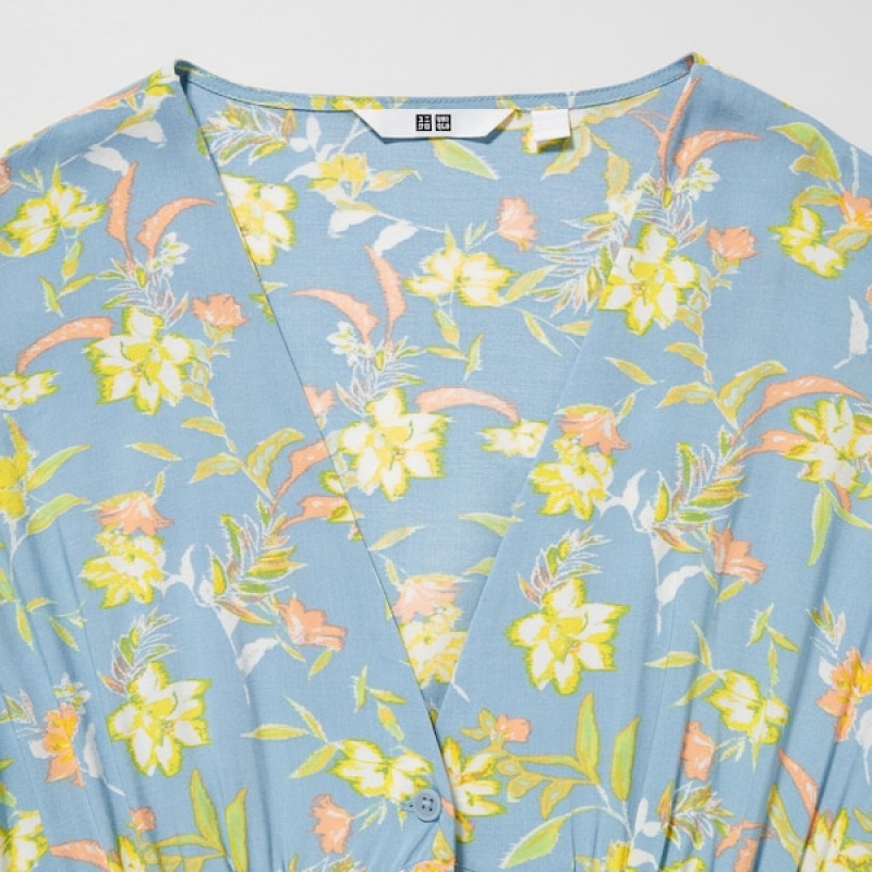Uniqlo Printed V-Neck Short-Sleeve Flare Ženske Haljina Zelene | 5349-CIFQV