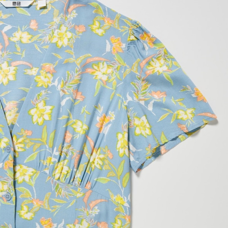 Uniqlo Printed V-Neck Short-Sleeve Flare Ženske Haljina Zelene | 5349-CIFQV